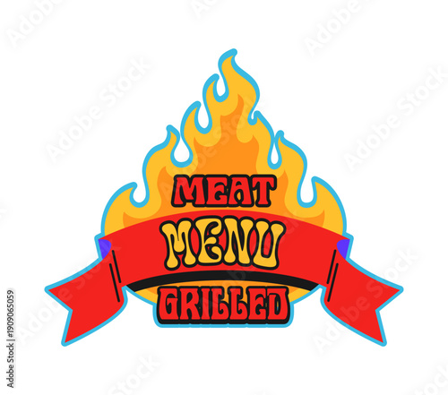 Barbeque meat, grill menu Y2K retro sticker or print. Steak gourmet meal vintage Y2K vector label, steakhouse beefsteak grill patch. Beef barbeque tag with red ribbon, fire flames and typography