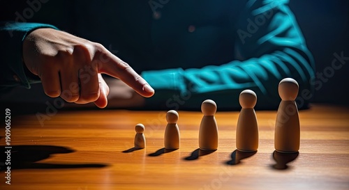 Hand pointing at wooden figures representing growth and hierarchy.