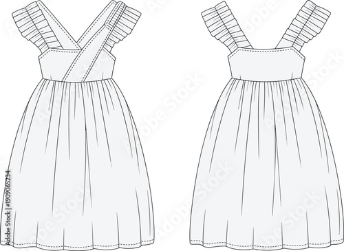 Detailed technical sketch of pleated strap dress, front and back views, flared hem design, summer fashion CAD vector illustration