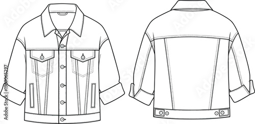 Denim jacket technical sketch, fashion cad flat drawing, front and back view, buttoned pockets, rolled sleeve, line art template