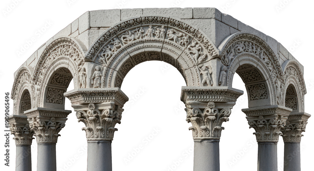Fototapeta premium Ancient stone archway with intricate carvings, supported by ornate columns