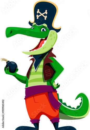 Cartoon crocodile animal pirate vector character with green body and long snout, wearing striped shirt, red trousers and dark jacket. Croc corsair holds a black round bomb. Funny personage for party