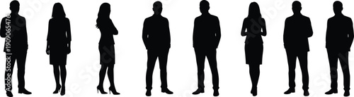 Group of business professionals silhouette, corporate team illustration, standing office people, teamwork concept, male and female figures, black white vector, career success image