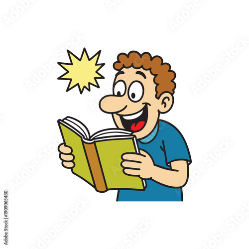 Excited man discovering new knowledge and ideas while reading a book