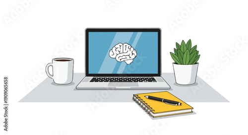 A laptop with a brain on the screen on a desk with office supplies