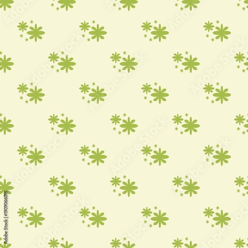 Minimalist seamless pattern with small green flowers and sparkles on cream background.