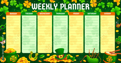 Weekly planner schedule with St Patrick day Irish holiday items clover, gold coins, leprechaun hats, bagpipes and horseshoes. Vector background with weekday columns for festive seasonal organization