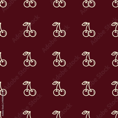 Retro seamless pattern with cream cherry outlines on dark burgundy red background.