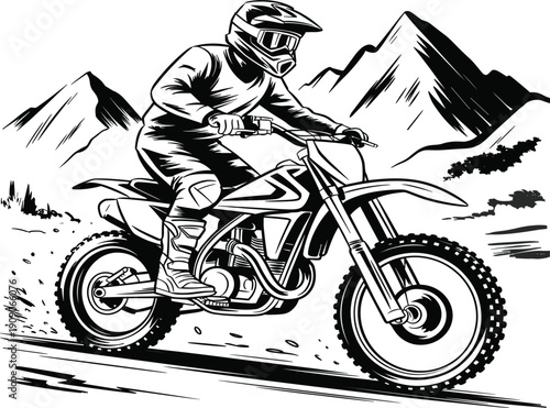 Vintage hand drawn motocross rider sketch vector, with detailed ink texture for extreme mountain dirt bike design