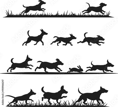 Dog running silhouette, playful dog vector, hunting dog illustration, running animals design, active pet silhouette, chasing motion graphic