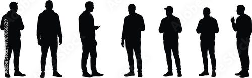 Silhouettes of casual men standing, streetwear fashion figures, relaxed male poses, modern urban lifestyle, black vector design, young men illustration, hoodie jeans silhouettes, casual scene