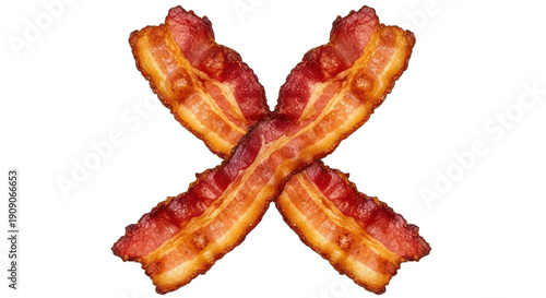 Two strips of crispy, browned, and sizzling cured pork laid crosswise