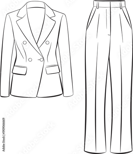 Double breasted blazer and high waist trouser flat sketch, women fashion suit vector, front view technical cad drawing