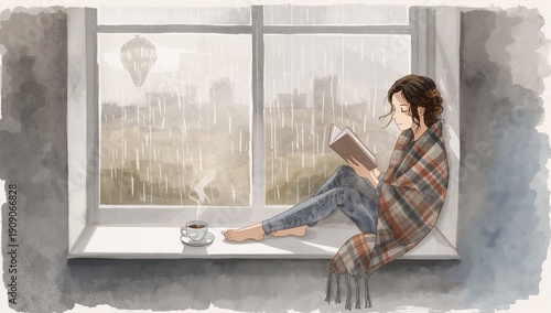 Woman reading book on windowsill wrapped in blanket on rainy day with coffee