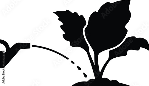 silhouette hand watering a young plant growing in the fertile soil vector design