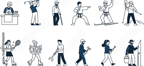 Collection of simple line icons depicts diverse individuals engaging in various sports and hobbies across different activities.
