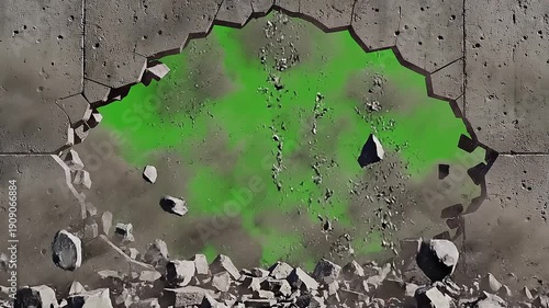 Explosion Breaking Wall and Revealing Hole on Green Screen