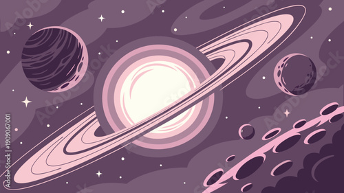 Stylized illustration depicting a glowing ringed planet against a purple cosmic backdrop