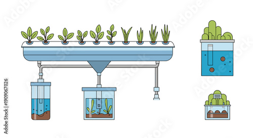 Modern hydroponic system illustration showcasing sustainable agriculture, plant growth, and innovative farming techniques for urban environments.