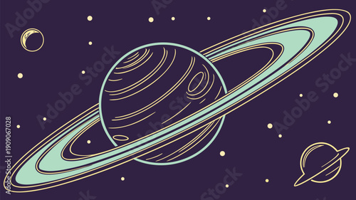 Stylized illustration of Saturn planet with distinct rings floating in dark space