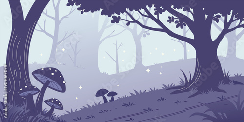 Magical woodland scene with dark spotted mushrooms under glowing forest light