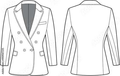 Double breasted blazer flat sketch, men’s tailored jacket vector drawing, fashion CAD template, formal wear coat design, office suit top