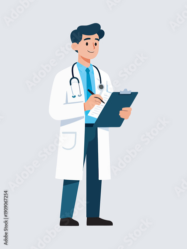 Confident doctor in a white coat smiling while reviewing patient records on a clipboard, wearing a stethoscope around his neck, conveying a sense of professionalism and care in a medical setting.