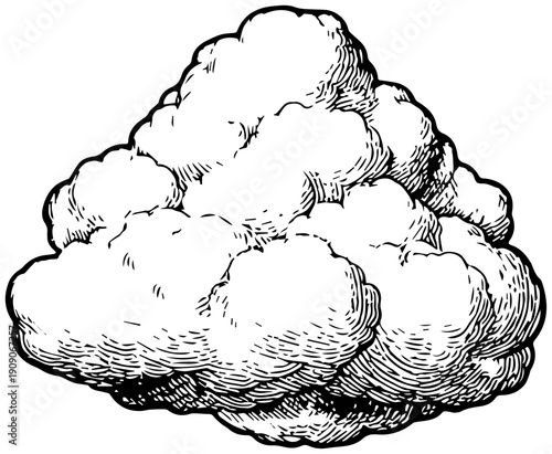 Hand drawn illustration of a large puffy white cloud on a plain background detailed sketch