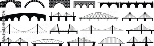 Different types of bridges vector icons, suspension, arch, cable-stayed, truss bridges, infrastructure, architecture, engineering, construction, transportation, 
