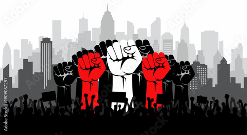 Silhouette Crowd with Fists Raised in Protest Against a City Skyline - Vector Illustration