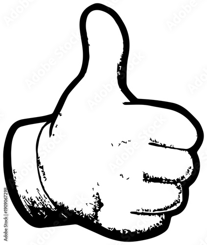Hand drawn icon illustration of a thumbs up gesture in black and white with a grunge texture on a plain background