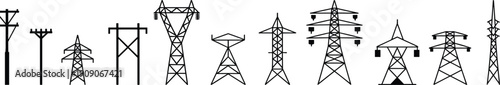 Different types of electric power pole, transmission tower, pylon illustration, electricity infrastructure, utility lines, grid connection, black vector icons