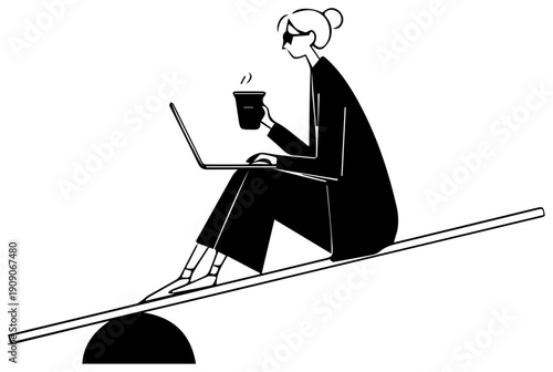 Woman balancing on seesaw with laptop and coffee cup symbolizing work life balance and stability