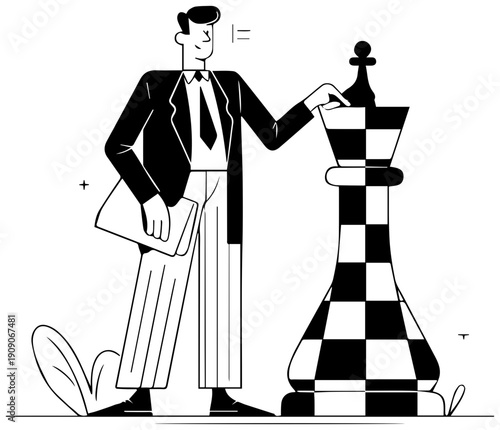 Businessman strategically moves large chess piece on board game