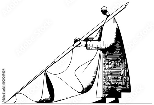 Notion style illustration of a character holding a large flag with a long pole standing in a neutral background with a white and black color scheme conveying a sense of freedom