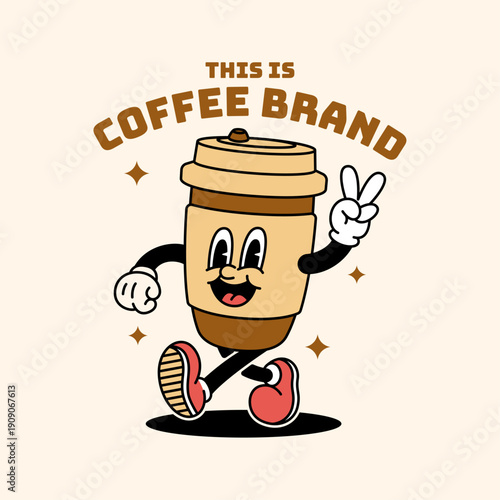 Rubber hose vintage disposable coffee cup mascot walking with peace sign hand gesture, takeaway brand logo with retro stars and shadow.