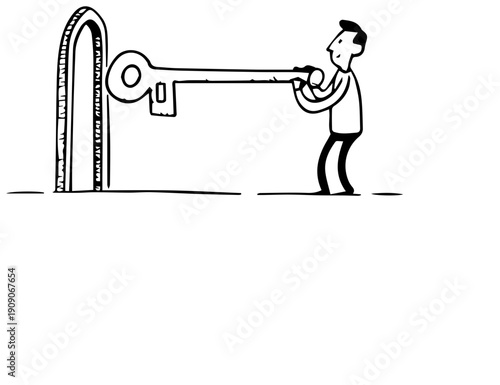 Man holding large key unlocking opportunity with determination and effort in a simple illustration