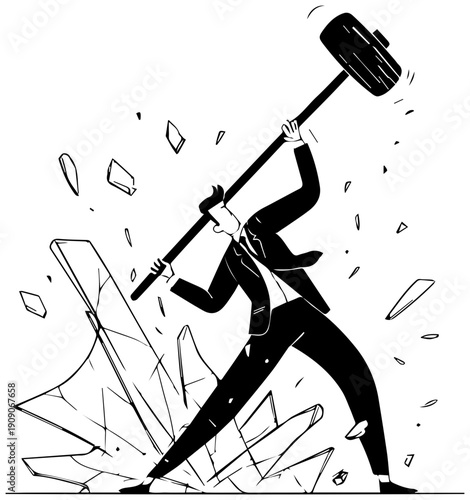 Businessman smashing through glass wall with sledgehammer in dynamic motion breaking barriers