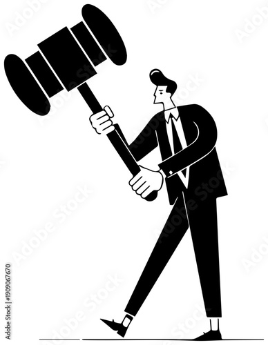 Businessman holding large gavel symbolizing law judgment and authority in a simple black and white illustration style