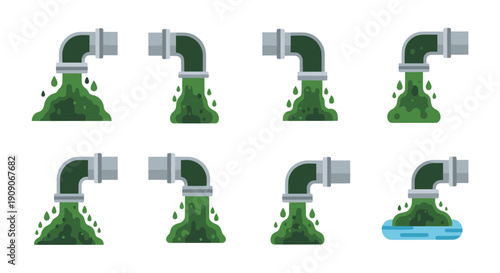 A collection of vector illustrations depicting various industrial pipes discharging green toxic waste, symbolizing environmental pollution and ecological damage.