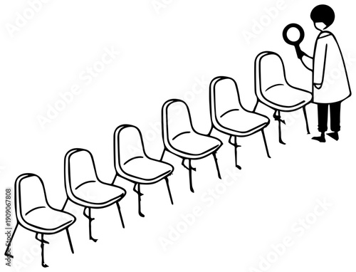 Person examines chairs with magnifying glass in hand standing in a row