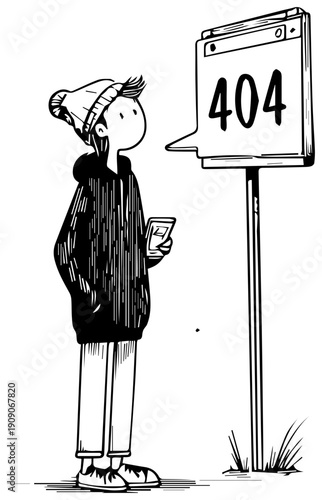 Person looking at phone next to 404 error sign frustrated monochrome illustration