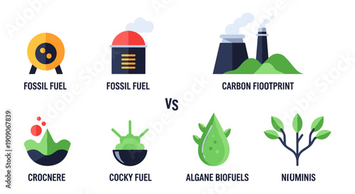 Illustrative comparison of fossil fuels and their environmental impact versus sustainable, green energy alternatives and biofuels.