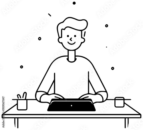 Smiling man working on laptop at desk with cup and pencil holder nearby in minimalist style