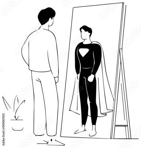 Man in casual clothes looks at reflection of superhero in mirror symbolizing inner strength and alter ego concept