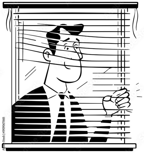 Man peeking through blinds with a curious expression on his face in a black and white illustration