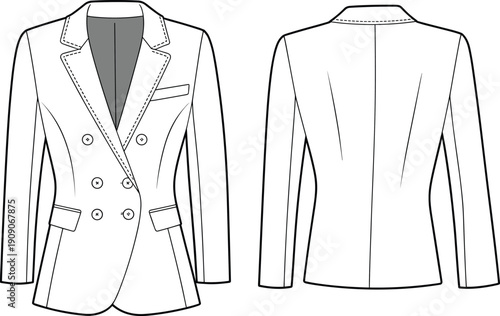 Double breasted fitted women blazer, fashion technical sketch, front and back vector, tailored jacket cad drawing, flat style template