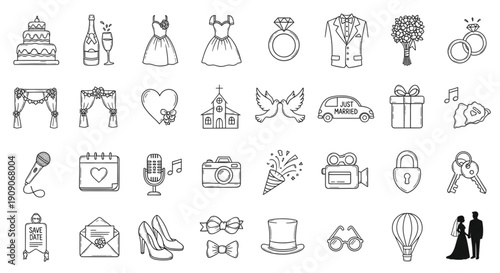 Hand Drawn Wedding Line Icons Sets – Bride Groom Ceremony Celebration Symbols