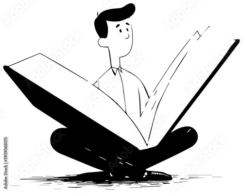 Man sitting cross legged reading large book in minimalist style