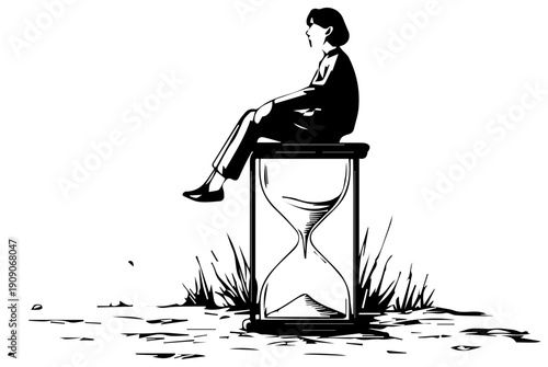 Woman sits on hourglass in grassy field contemplating time passing monochrome illustration
